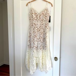 Lulus white lace dress with nude slip - perfect for wedding events as a bride!